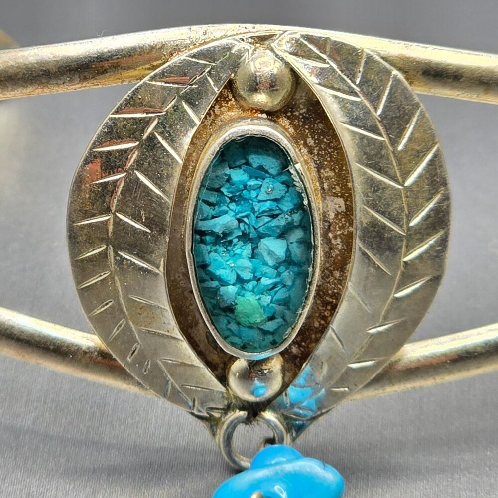 VTG Southwestern Sterling Silver Bracelet 6.75" Crushed Turquoise Feather Charm - Picture 2 of 15